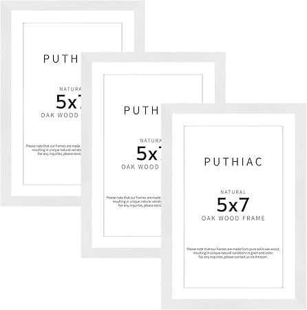 puthiac 5x7 Oak Wood Picture Frame - Minimalist 5x7 Picture Frame, 5"x7" Frame Wood, Natural Solid Wooden Picture Frames for Wall Art Photo and Prints(3 Pack, White)