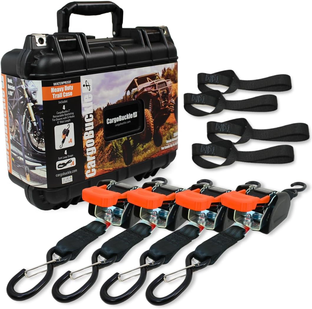 CargoBuckle Trailcase Deluxe Retractable Ratchet Straps, Tie-Down Ratcheting System: Includes 4 Straps, 4 Soft Loop Hook Converters & Weatherproof Case, for Loads Up to 5,600 lbs (1-Inch)