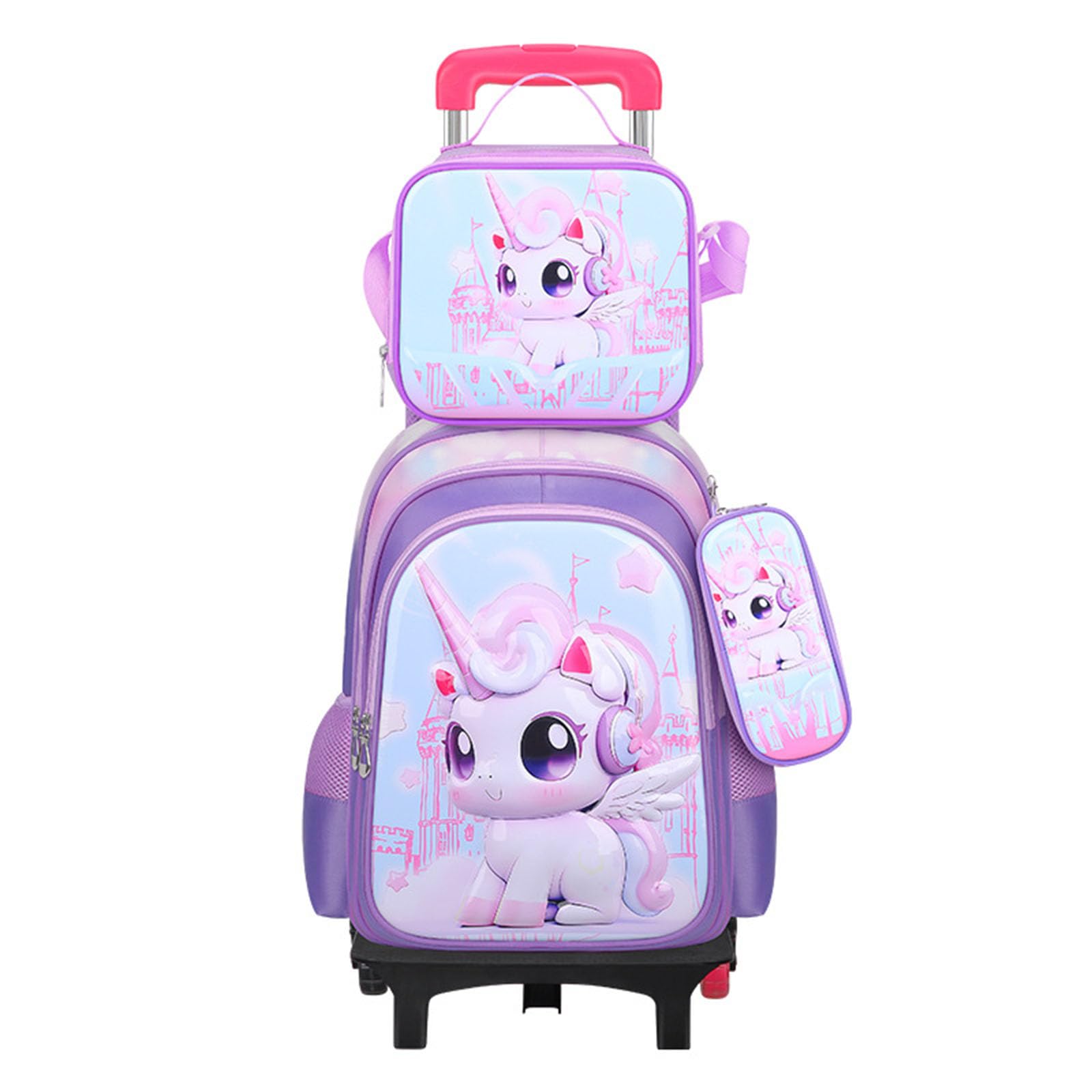 MYSNKU Three-piece Set Cute Rolling Backpack with Lunch Bag School Girls Boys, Lightweight Trolley Travel Bag with 6 Wheels Classic Roller Luggage (Purple unicorn)