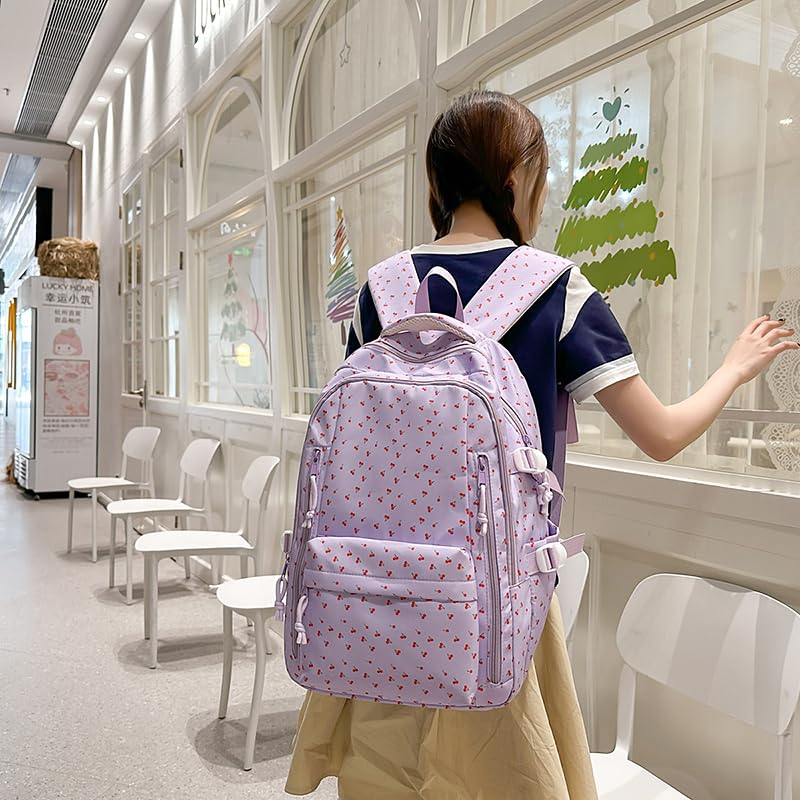 Coquette Cherry Backpack - Trendy Bow Tie Rucksack Floral Print Aesthetic Daypack Cute Cherry Print Daypack4