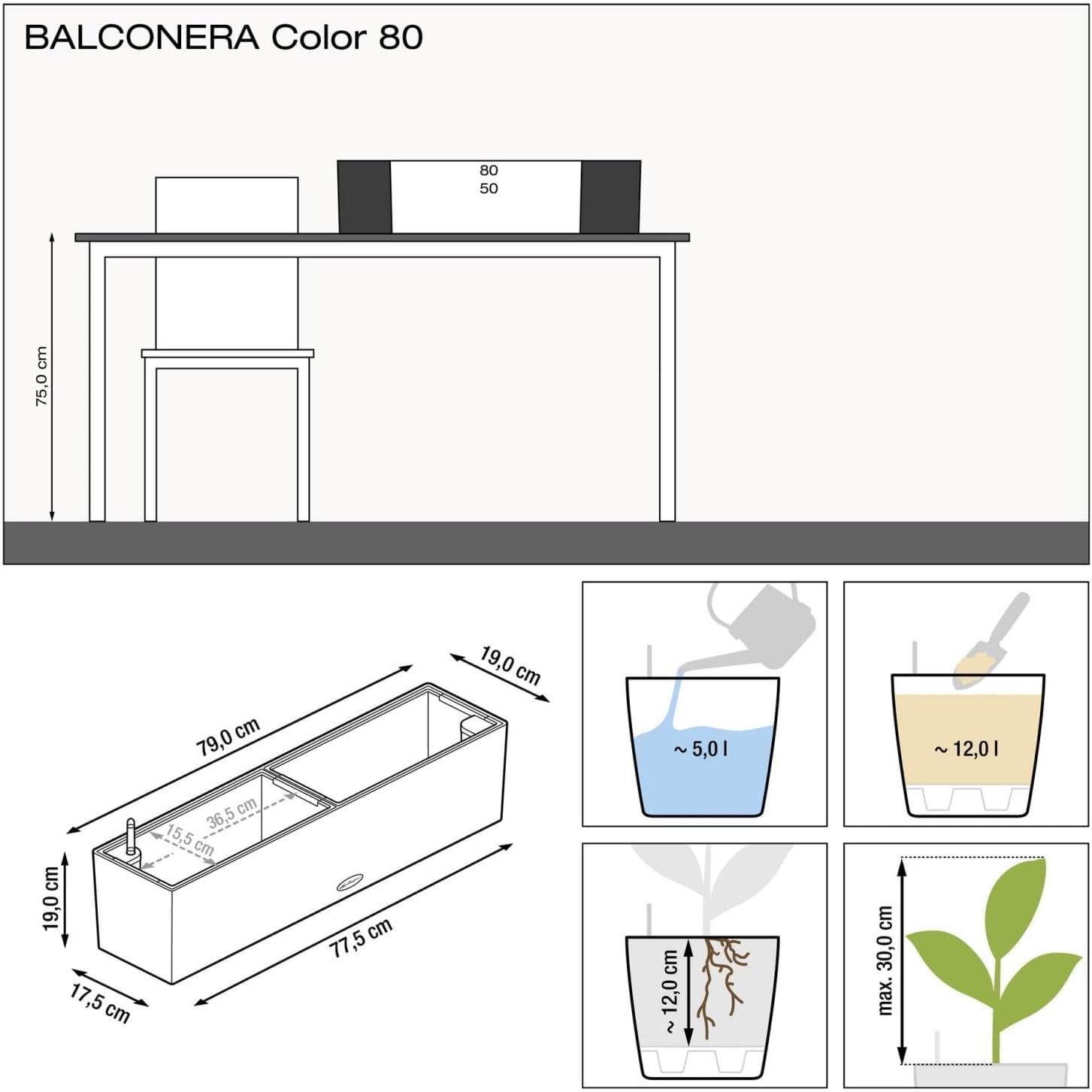 Lechuza 15707 Balconera Color 80 Self-Watering Planter for Indoor and Outdoor Use, 31" x 7" x7", Light Grey