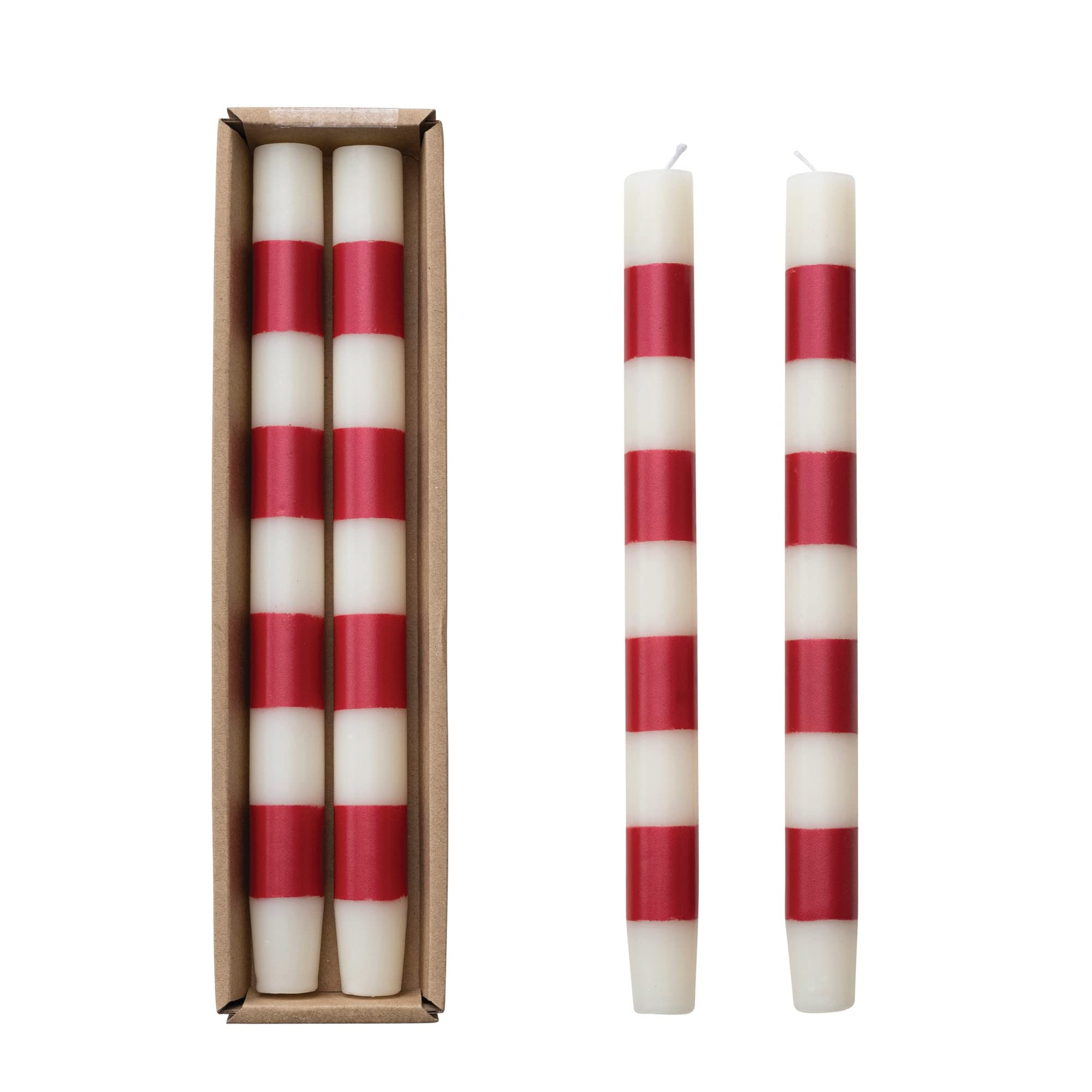 Creative Co-Op10' H Unscented Taper Candles w/Stripes in Box, Cream Color & Red, Set of 2 (Approximate Burn Time 15 Hours)