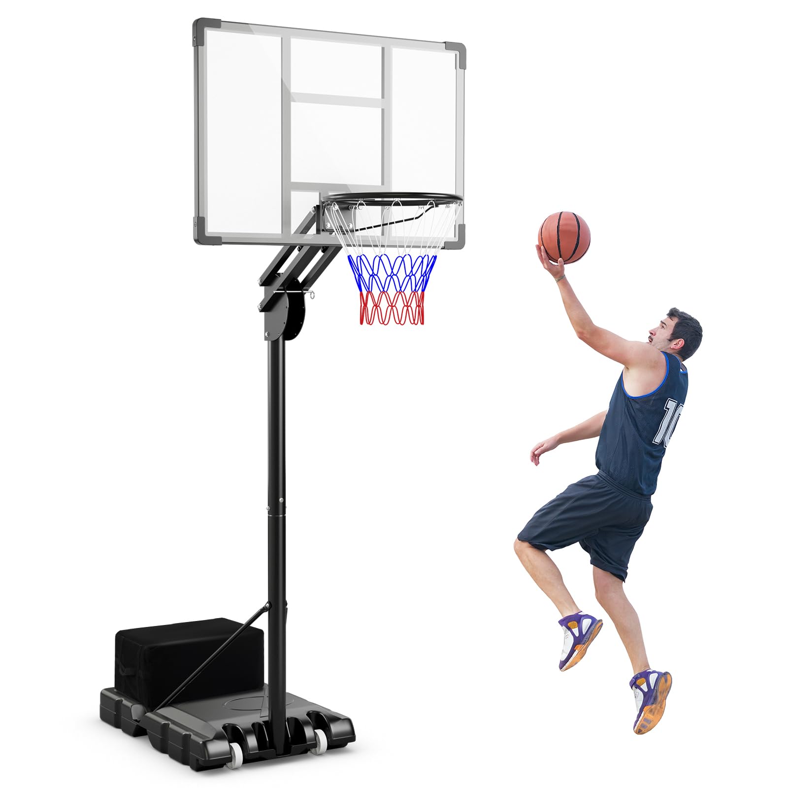GYMAX Aro de Baloncesto Portátil Interior y Exterior, Sistema de Aro de Baloncesto Ajustable en Altura con Tablero Resistente a Roturas, Base Rellenable, Ruedas y Bolsa de Peso para Niños y Adultos