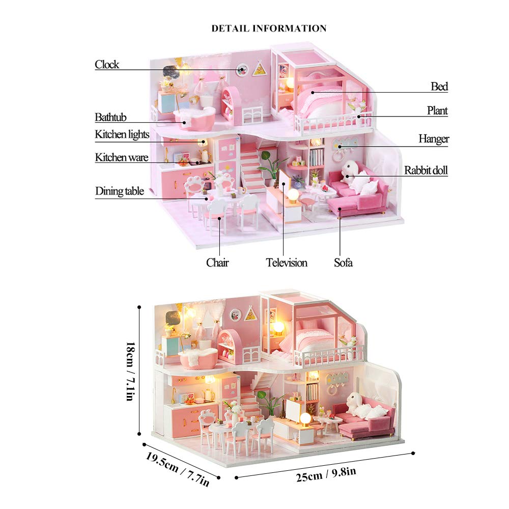 Miniaturowy Domek dla Lalek z Meblami, Drewniany Domek dla Lalek 3D DIY ze światłami LED dla przyjaciół Rodziny Dzieci (z osłoną przeciwpyłową)
