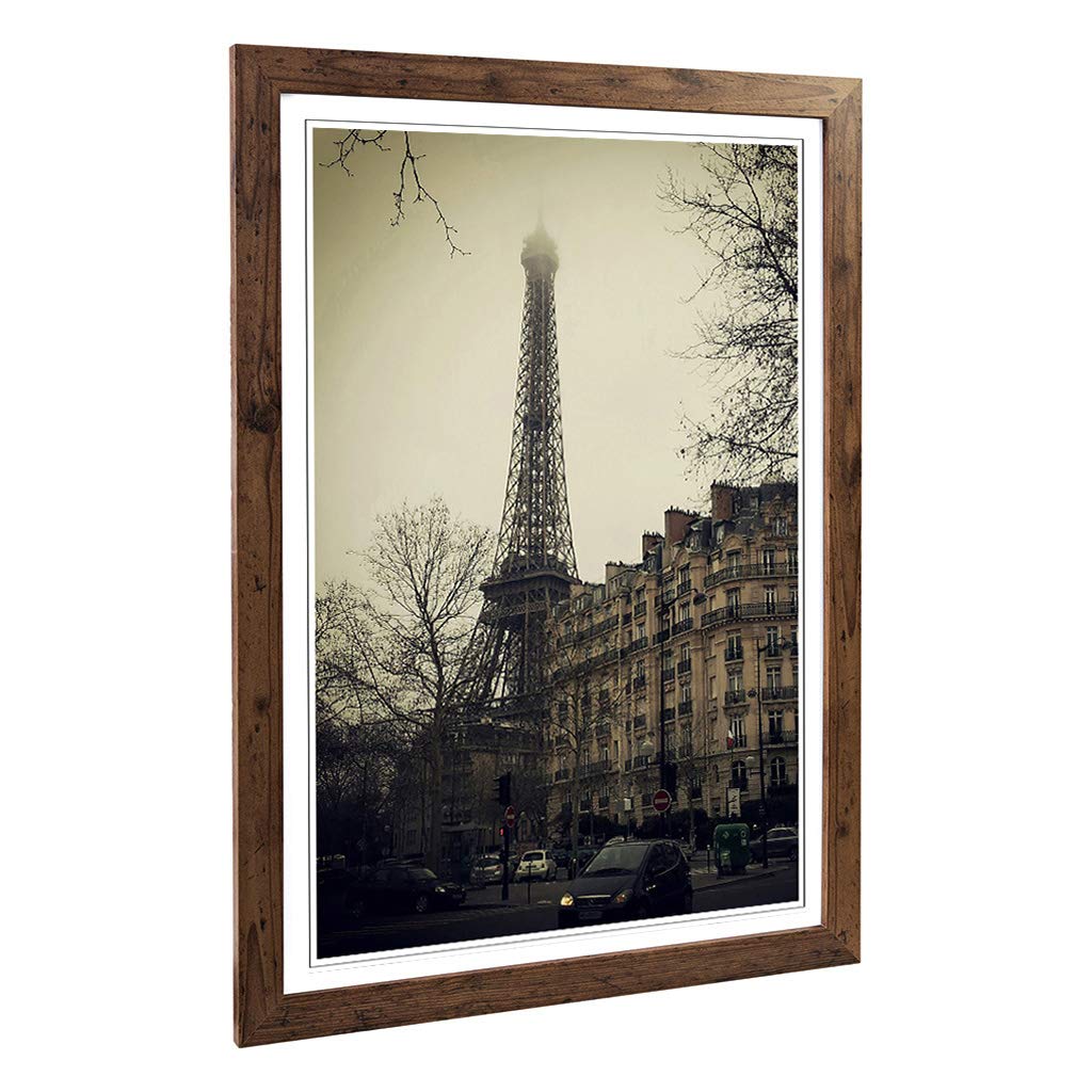 Big Box Art Framed Print of Eiffel Tower Mist Paris France Design | Wall Art Picture | Home Decor for Kitchen, Living Room, Bedroom, Hallway, Walnut, A2 / 24.5x18 Inch / 62x45cm
