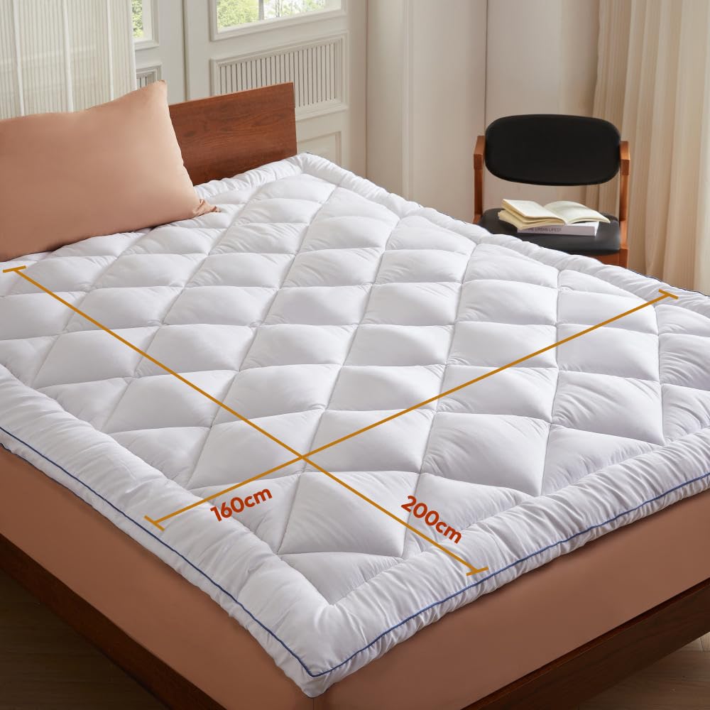 CASABEL Topper Matrimoniale 160x200, Coprimaterasso Matrimoniale imbottito in Microfibra 1000 GSM, Traspirante & Antiscivolo, con Angoli Elastici, Lavabile in Lavatrice