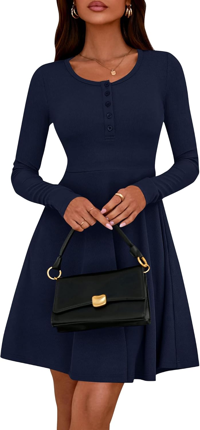 BTFBM Casual Fall Dresses for Women 2025 Long Sleeve Ribbed Button Down Empire Waist A Line Winter Wedding Guest Dress