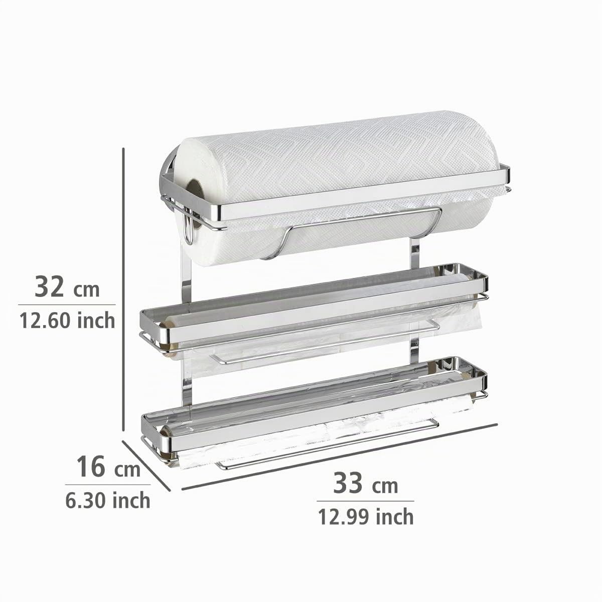 WENKO Magic-Loc Küchenrollenhalter Trio - Befestigen ohne bohren, verchromtes Metall, 33 x 32 x 16 cm, Silber glänzend