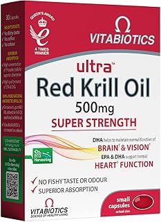 Vitabiotics Ultra Red Krill Oil Nutritional Supplement Capsule with Omega 3-9 Fatty Acids DHA EPA Astaxanthin for Heart Brain And Eye Vision Support from Antarctic Marine Phospholipids
