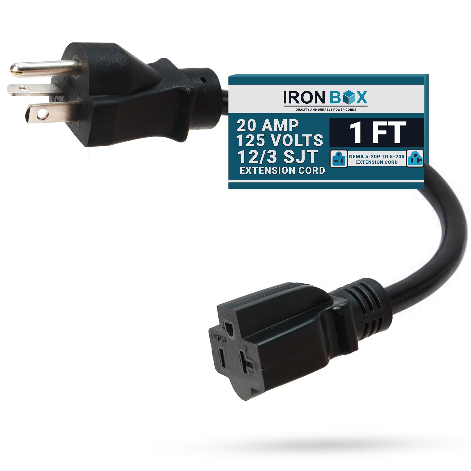 IronBox Electric NEMA 5-20P to 5-20R Extension Cord - 20A, 125V, 12/3 SJT - Heavy Duty Outdoor Generator Cords & Plugs - UL Listed Extension Cable for Data Centers, Camper & More (1 ft, Molded)