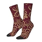 QICITTY Burgundy Antique Maroon Gold Floral Socks Novelty Socks Casual Dress Gifts For Men Women