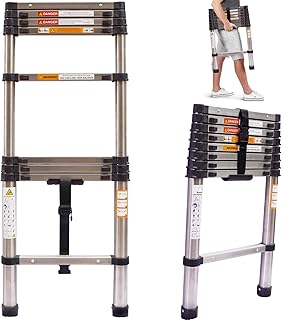 Telescoping Ladder Attic Climb Home Builders Ladder 2.6M/8.5Ft Stainless Steel Loft Work Place Extendable Collapsible Ladder, 150kg (330lb) Folding Foldable Ladder with Spring Load Locking Small Gift