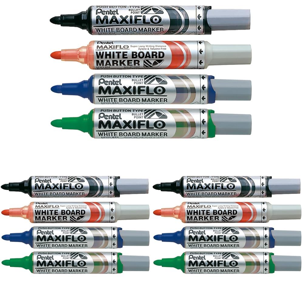 6.0mm Bullet Tip Wallet 4 Maxiflo White Board Marker Liquid Ink - Black/Red/Blue/Green