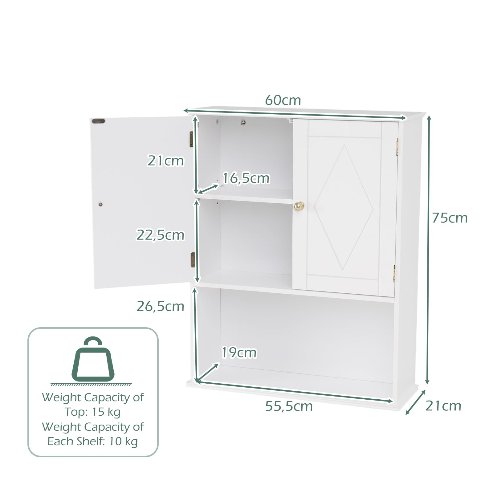 LIFEZEAL Mobiletto Bagno Salvaspazio da Parete, Bianco, Pensile Bagno Sospeso, Armadietto, con Ripiano Regolabile, Scomparto Aperto, Mobile, Moderno, per Cucina, Lavanderia, in Legno, 60x21x75cm