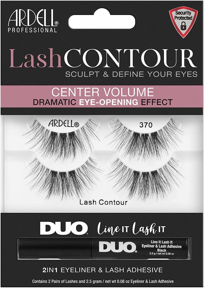 ArdellLash Contour False Eyelashes, 370 - Center Volume Lashes with DUO Eyeliner & Lash Adhesive Black, 2 Pairs