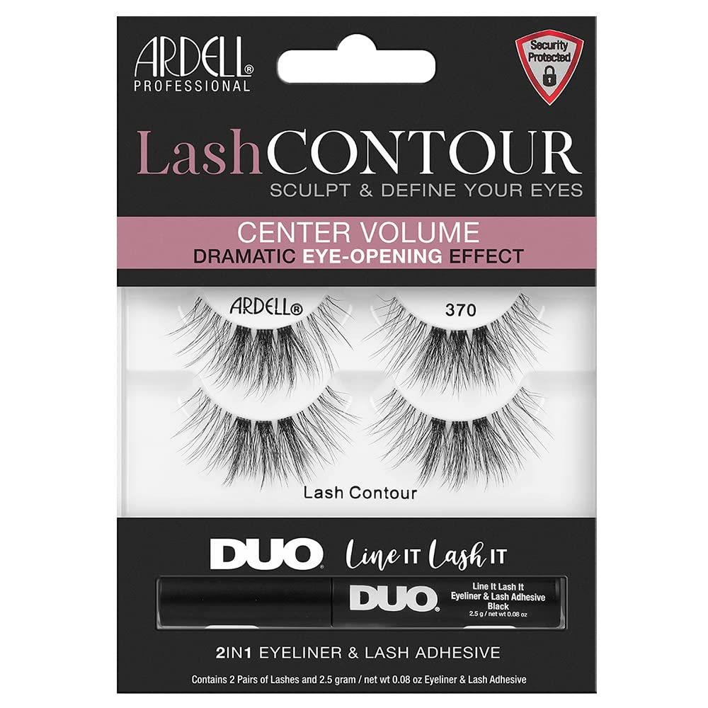 ArdellLash Contour False Eyelashes, 370 - Center Volume Lashes with DUO Eyeliner & Lash Adhesive Black, 2 Pairs