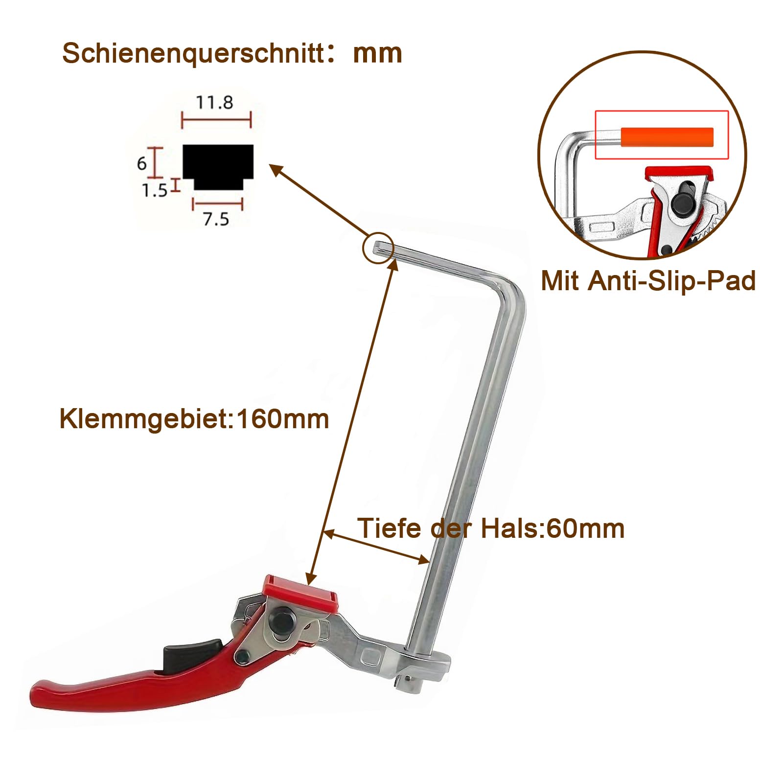 Lot de 2 Joint Rapide pour Rail de Guidage, Serre Joint Menuisier, Pince de Table à Cliquet, Pince de Serrage à Dégagement Rapide avec Capacité de 160mm et Profondeur de Gorge de 60mm