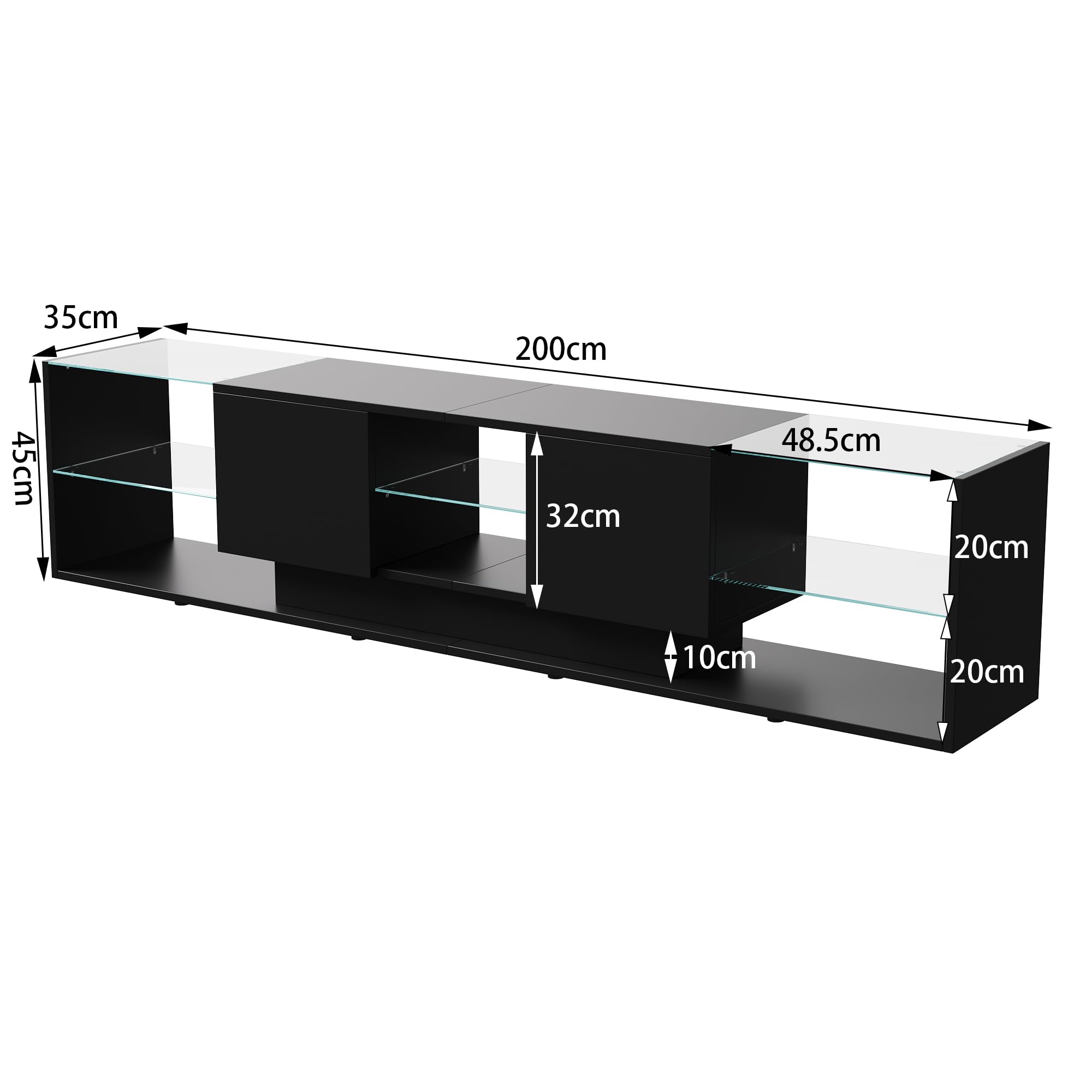 Mobile base per TV con vano portaoggetti, tavolo TV con 2 ante e ripiano in vetro, mobile porta televisione per televisori fino a 85 pollici, mobile laterale per TV per soggiorno, nero, 200 x
