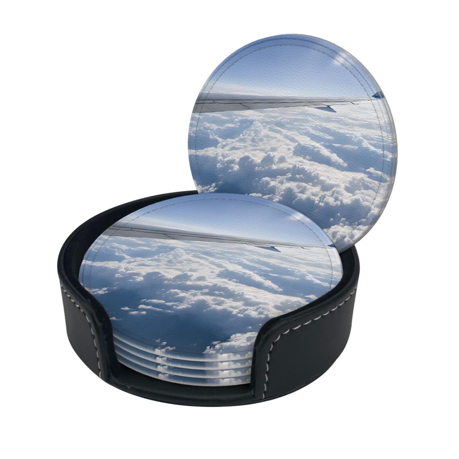 Beautiful Sky Airplane Print Coaster,Round Leather Coasters with Storage Box for Wine Mugs,Cold Drinks and Cups Tabletop Protection (6 Piece)