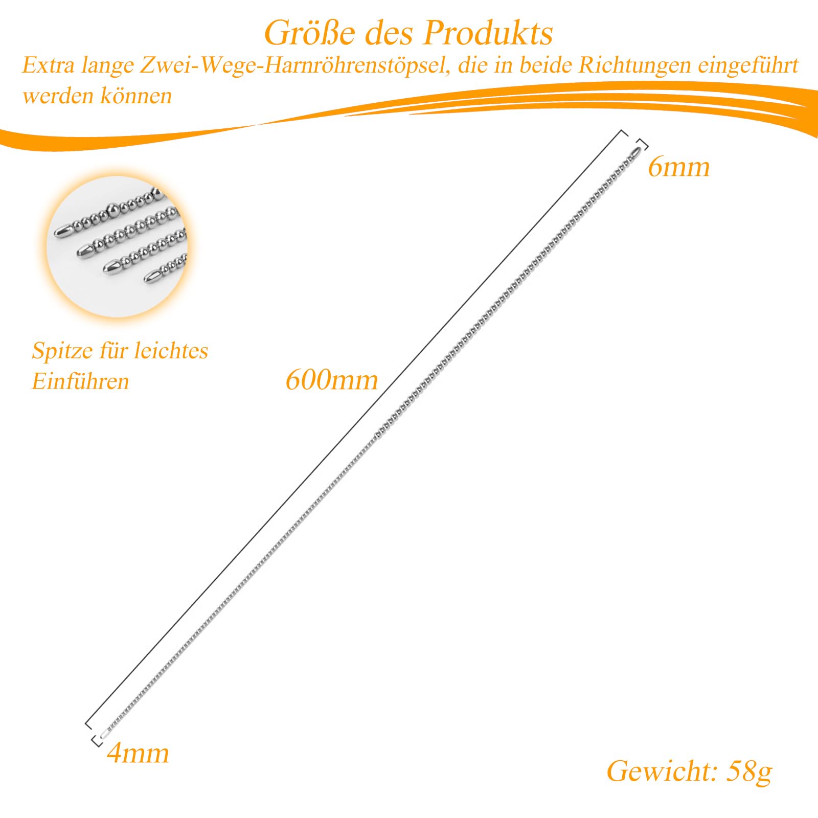 BDSMLOVE Dilatatore Uretra in Acciaio Inox, 600 MM Doppia Testa Dilatatori Uretrali Plugs Giocattoli Sessuali, Plug Pene Stimolazione Prostatica Giocattoli Sessuali Erotici per Uomini Gay (Φ 4~6 MM)