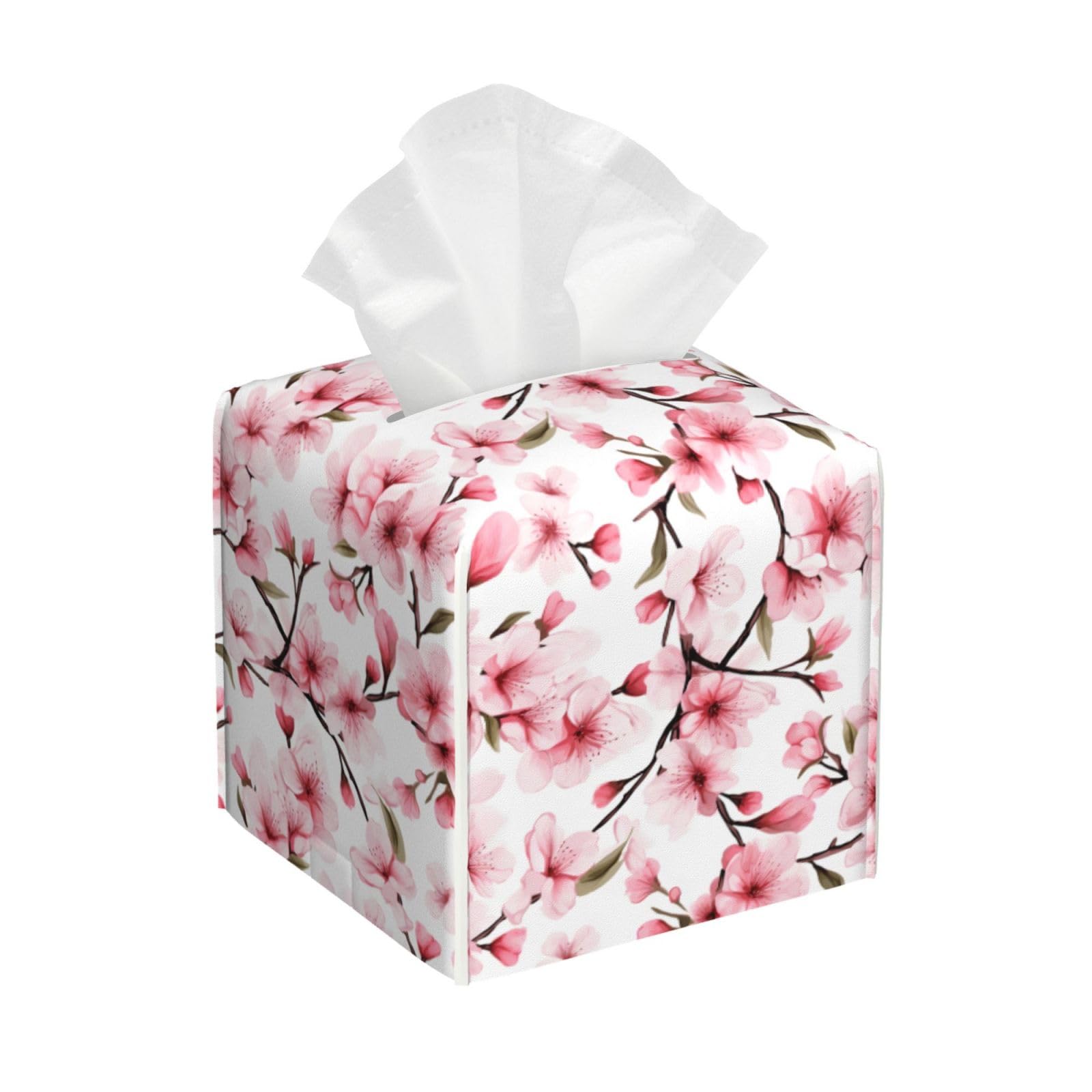 Square Tissue Box Cover, Leather Tissue Cube Box Holder, Pink Cherry Blossom Floral Sakura Facial Paper Case for Tabletop, Bathroom, Car, Office 5.2"x5.2"x5.2"in