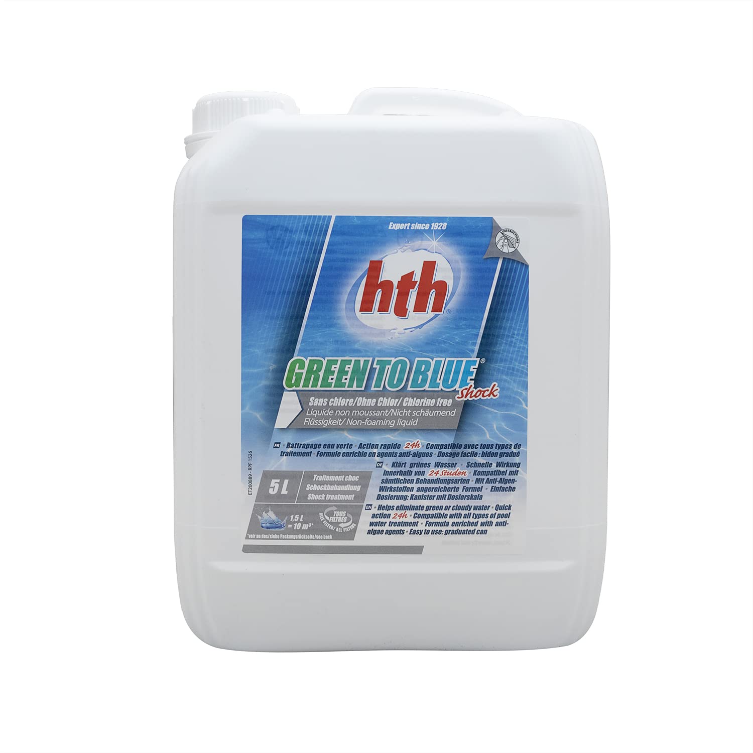 HTH Green to Blue Shock 12% Liquide - 5L | Anti-Algues Choc - Rattrapage Eau Verte - Désinfection Choc sans Chlore - Oxygène Actif - Péroxyde d'Hydrogène + 10 Tests HPS OFFERTS 6 en 1