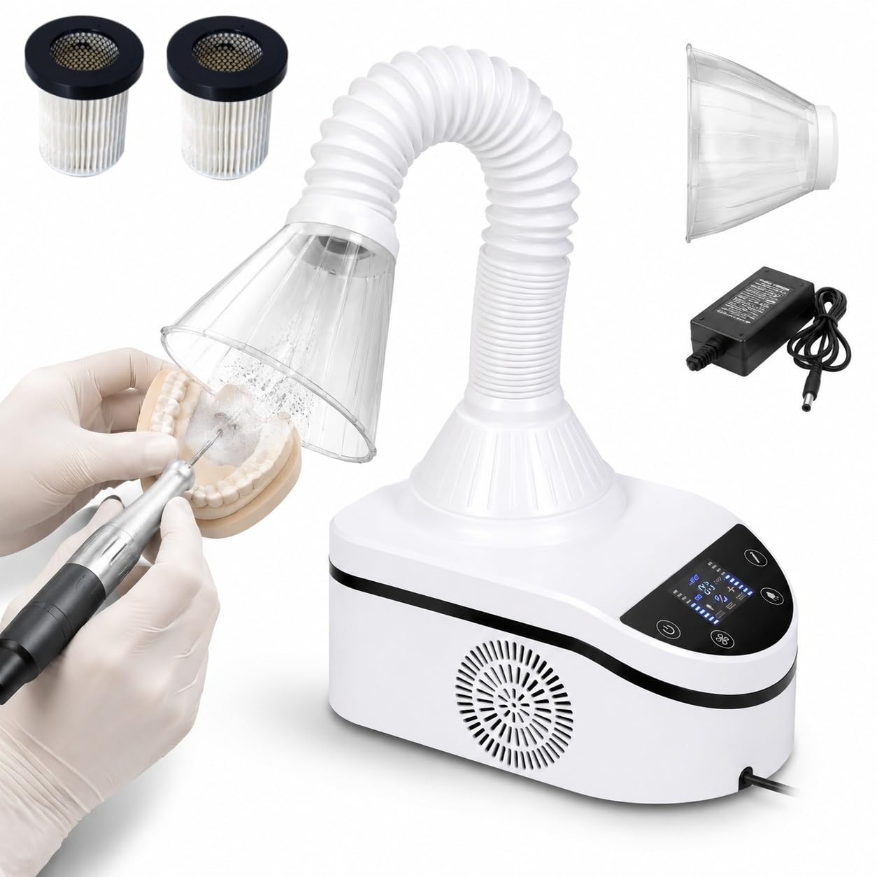 Aspirador de Polvo Dental 230W Colector de Polvo para Uñas con Pantalla Táctil, Ajuste de 3 Velocidades y Luz LED, Aspirador de Mesa para Laboratorio Dental y Estación de Pulido(2 Filters)