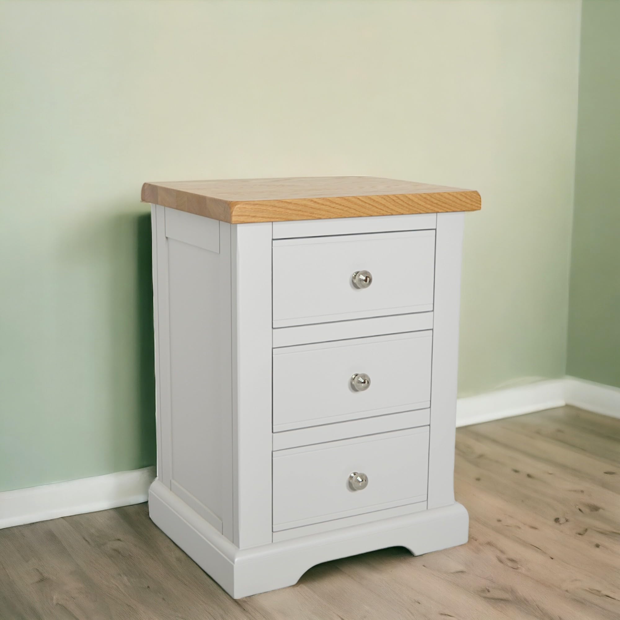 GROFurniture Large 3 Drawer Bedside Table, Real Wood Painted Side Table with Oak Top for Bedroom, Living Room, Painted Solid Wood Furniture, ASSEMBLED