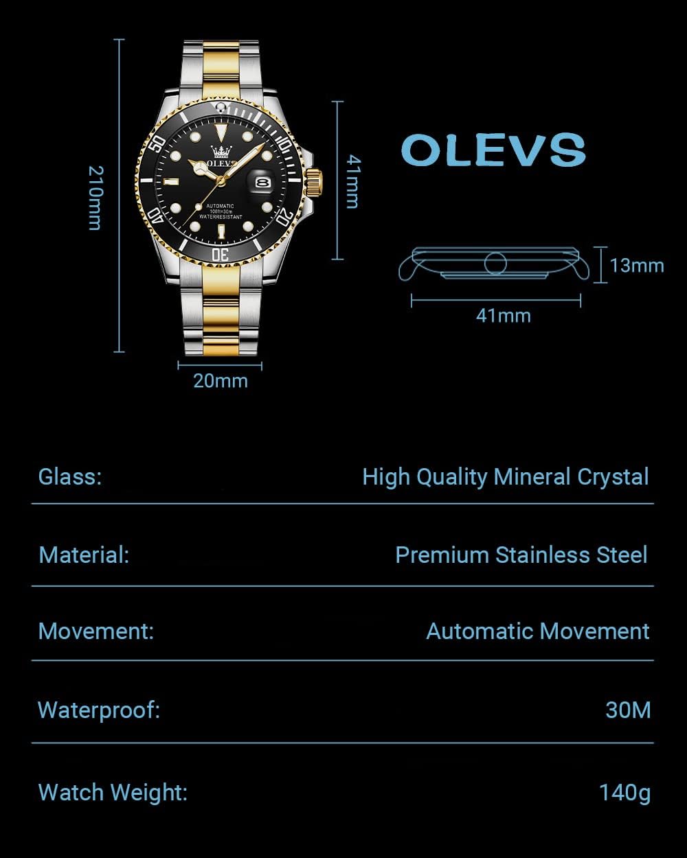 OLEVS Men's Watches Automatic, Luxury Gold and Silver Analog Tourbillon Watches for Men, Premium Rotatable Bezel Men's Dress Watches, Blue/Green/Black Dial