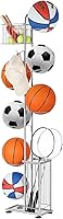 Luplom 7-Tier Garage Ball Storage Rack - Freestanding Basketball Soccer Volleyball Organizer with Baskets Hooks Silver