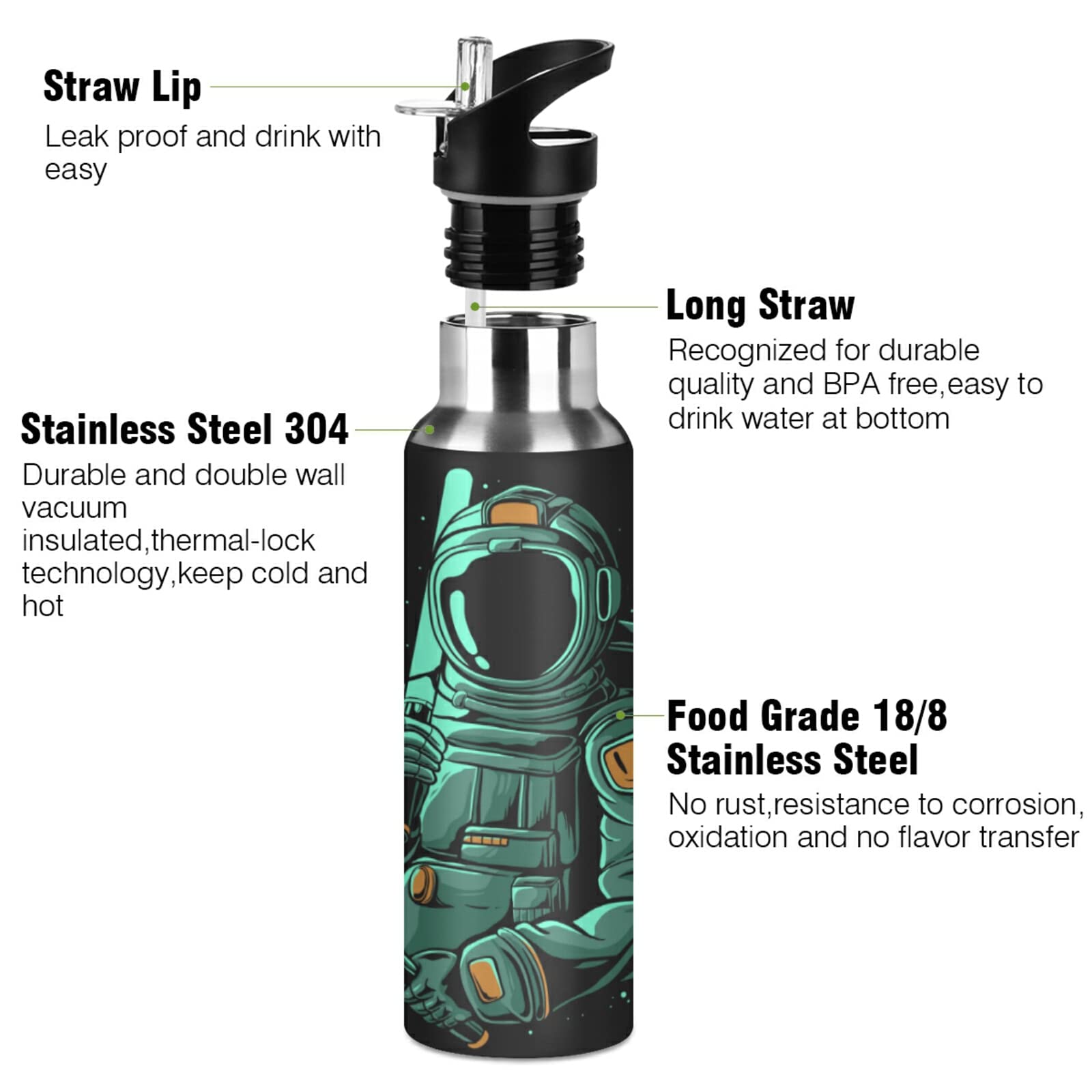 Vnurnrn Kinder Trinkflasche 600 Ml - Astronaut Design, Edelstahl Isoliert, Mit Strohhalm