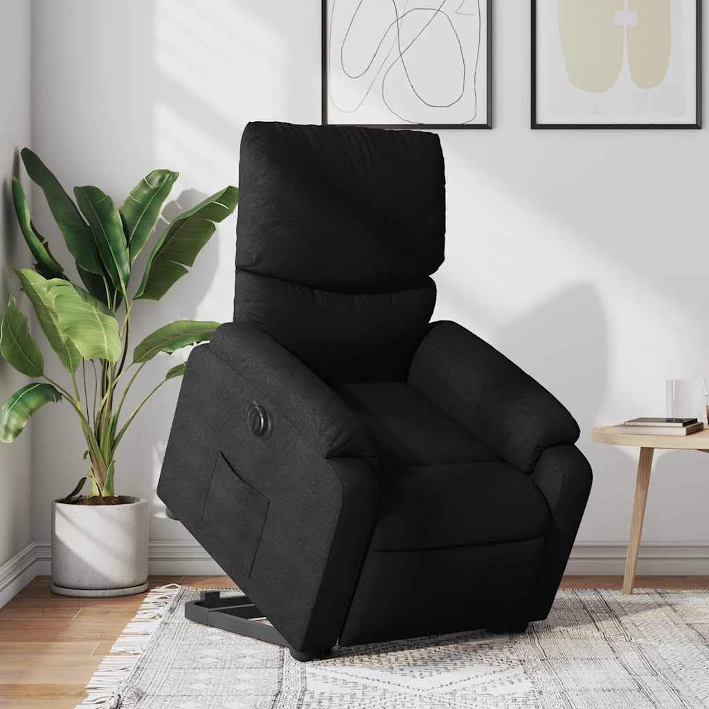 Sillón de relax eléctrico con ayuda para levantarse en tejido negro, respaldo ajustable manual hasta 135 grados, bolsillo lateral y ayuda para levantarse hasta 110 kg