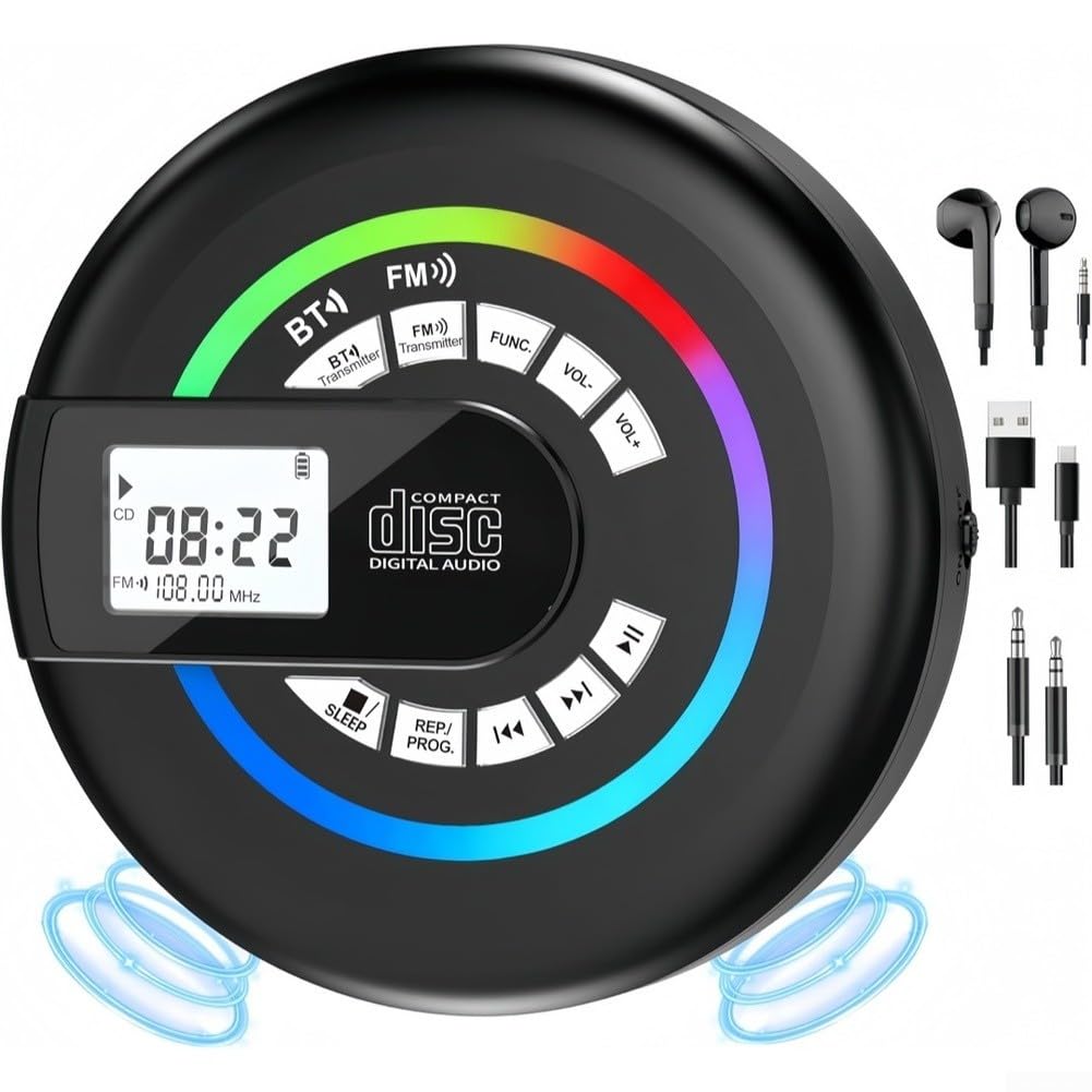 Lettore CD wireless per Boombox con radio FM 87,5-108 MHz MP3 USB AUX Jack ricaricabile per batteria per casa e viaggio (bianco)