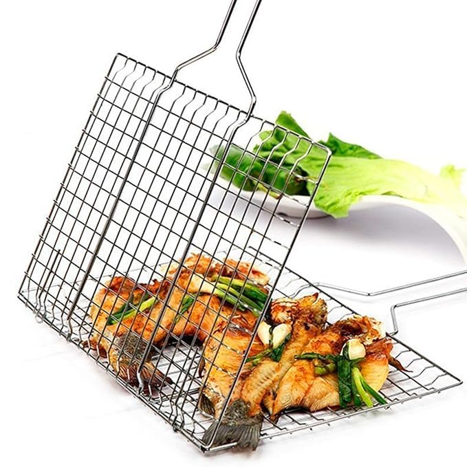 TRIMART Stainless Steel Portable Barbecue BBQ Grill Net Basket Roast Grilling Tray Plated with Wooden Handle (46.5 x 24 x 2 cm) (1 BBQ Mesh Basket Set + 6 BBQ Skewers Sticks) - Image 4 thumbnail