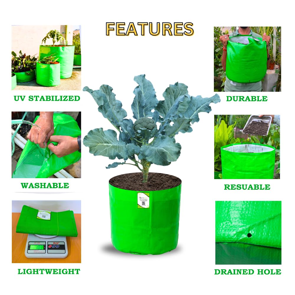 ORGANIC BAZAR 15x15 Grow Bags for Terrace Gardening, Premium HDPE Green-Orange Planters for Vegetables Plants (Pack of 4) 1