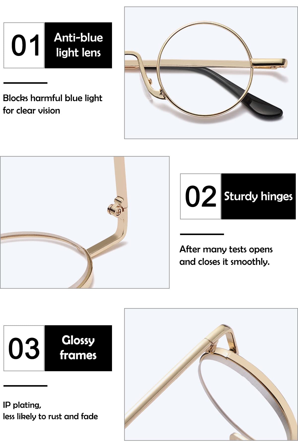 KOOSUFA Small Round Blue Light Blocking Reading Glasses for Women Men Retro Metal Lightweight Computer Readers Eyewear Nerd Eyeglasses Golden 2.5 - Image 4