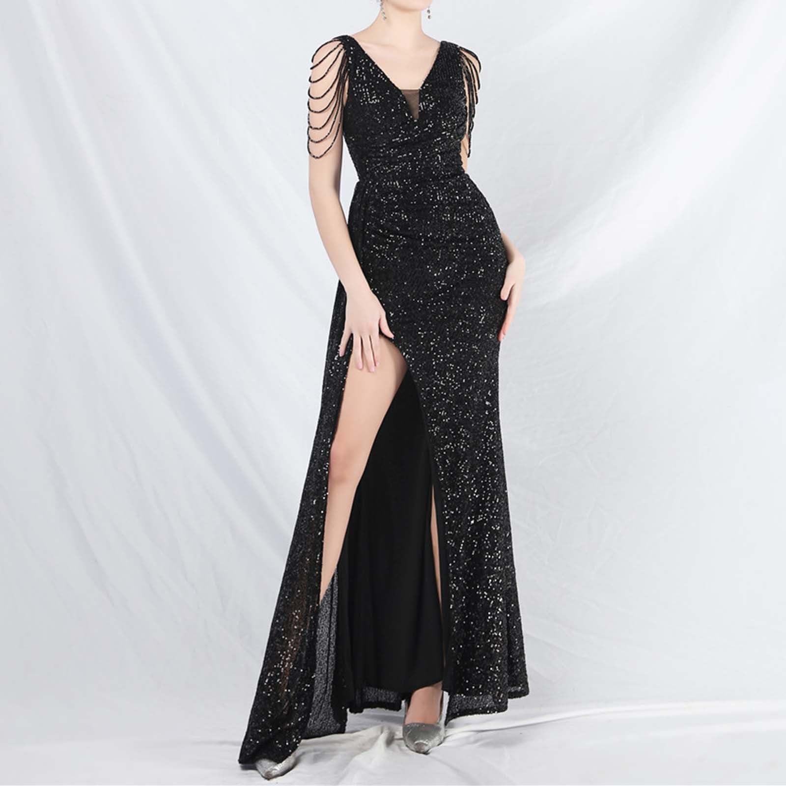 Abito da ballo da donna vintage con paillettes, in rete, con scollo a V, sexy, schiena scoperta, estivo, comodo, elegante, per il tempo libero, feste, abito da sera avvolgente