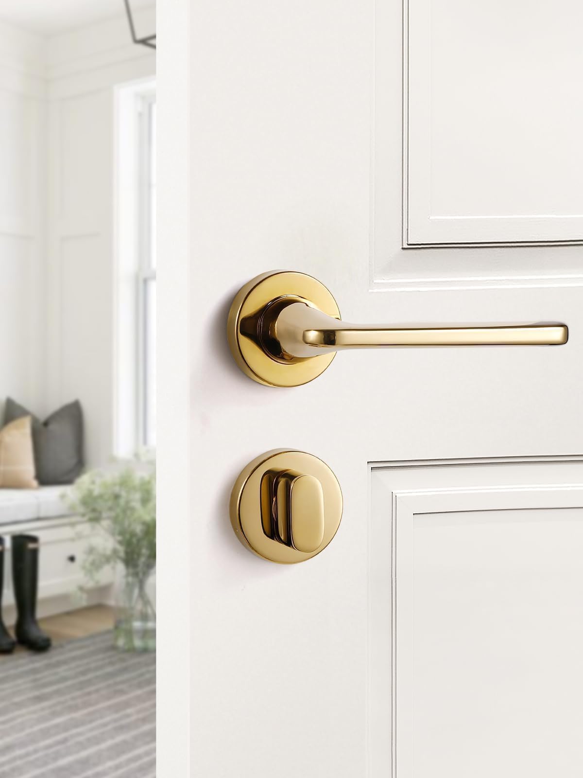SORWDUERM Gold Door Handle Set, Matte Brushed Stainless Steel, L Shape Round Rosette WC Profile Cylinder for Front & Interior Doors - Image 4