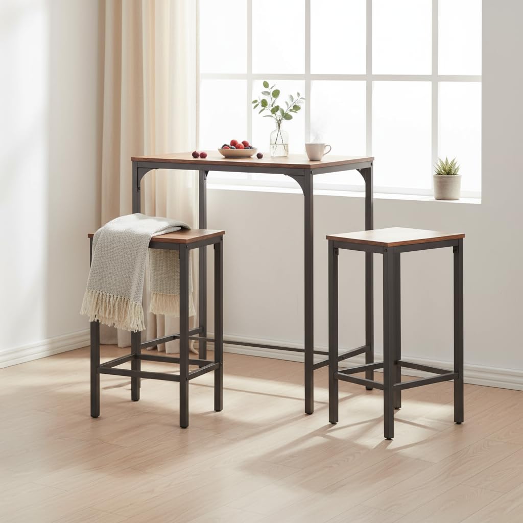 HOMYLIN Ensemble Table de Bar et chaises, Table de Bar Industrielle de 80 cm et 2 chaises (40 x 30 x 65 cm) pour Salon, Bar à Domicile, Marron
