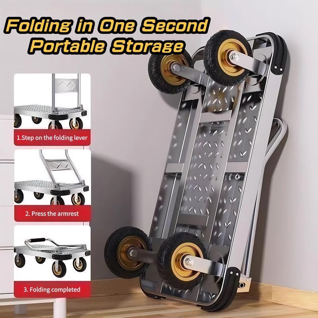 Carts,Heavy Duty Platform Truck with Rubber Mats and TPR Rubber Wheels, Steel Dolly with 150kg Capacity, Folding Hand Truck with 60x40cm Flatbed