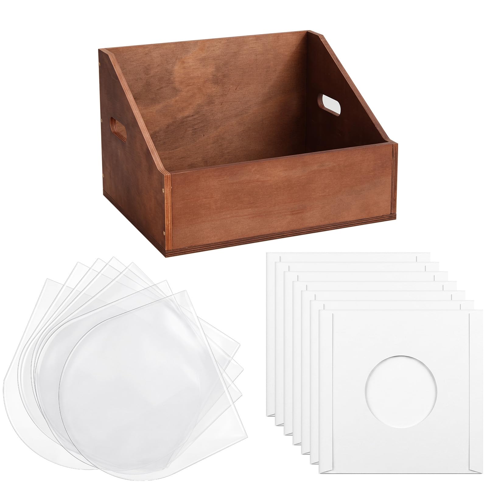 Fumete Scatola portaoggetti in legno per dischi in vinile, con 100 custodie per dischi da 45 giri/min, organizer resistente per album con manici e custodia quadrata in carta kraft da 17,8 cm, per