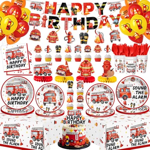 200 Pcs Firetruck Party Paper Plates Tableware Set (Serves 24) Firetruck Party Supplies Set Include Banner Hanging Plates Napkins Cups Forks Topper Balloons For Fireman Party