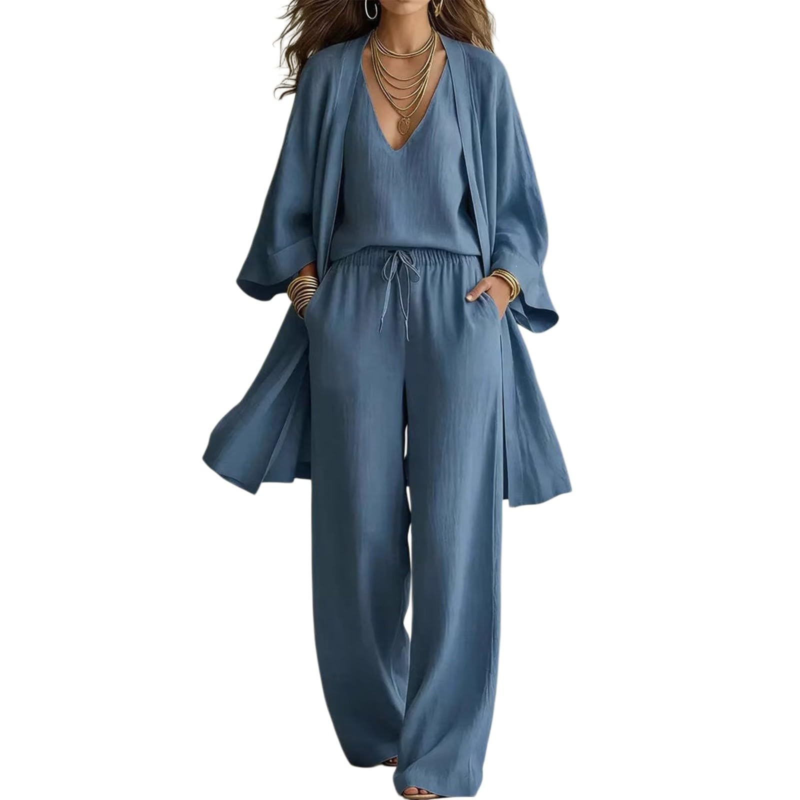 Conjunto Mujer Verano 2 Piezas Moda raje de Primavera Ligero Chndal Blusa Pantalones Ropa Playa Vacaciones Deportivo Casa Trabajoconjunto Verano mujerCorte Entallado
