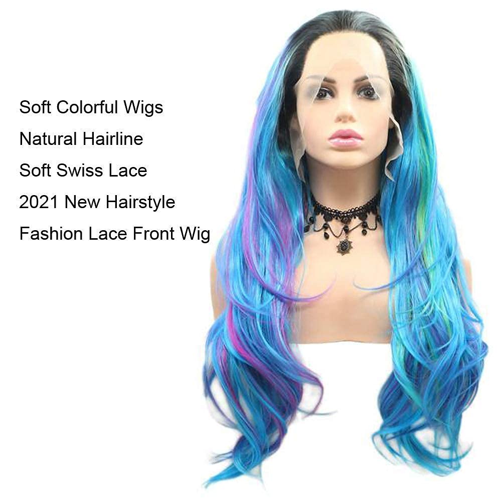 sylvia 24" Synthetic Lace Front Wig Rainbow Wigs Mixed Blue Yellow Green Purple Dark Roots Ombre Wig Long Natural Wave Multi Colors Half Hand Tied Wig 180% Density Hair Replacement for Women…