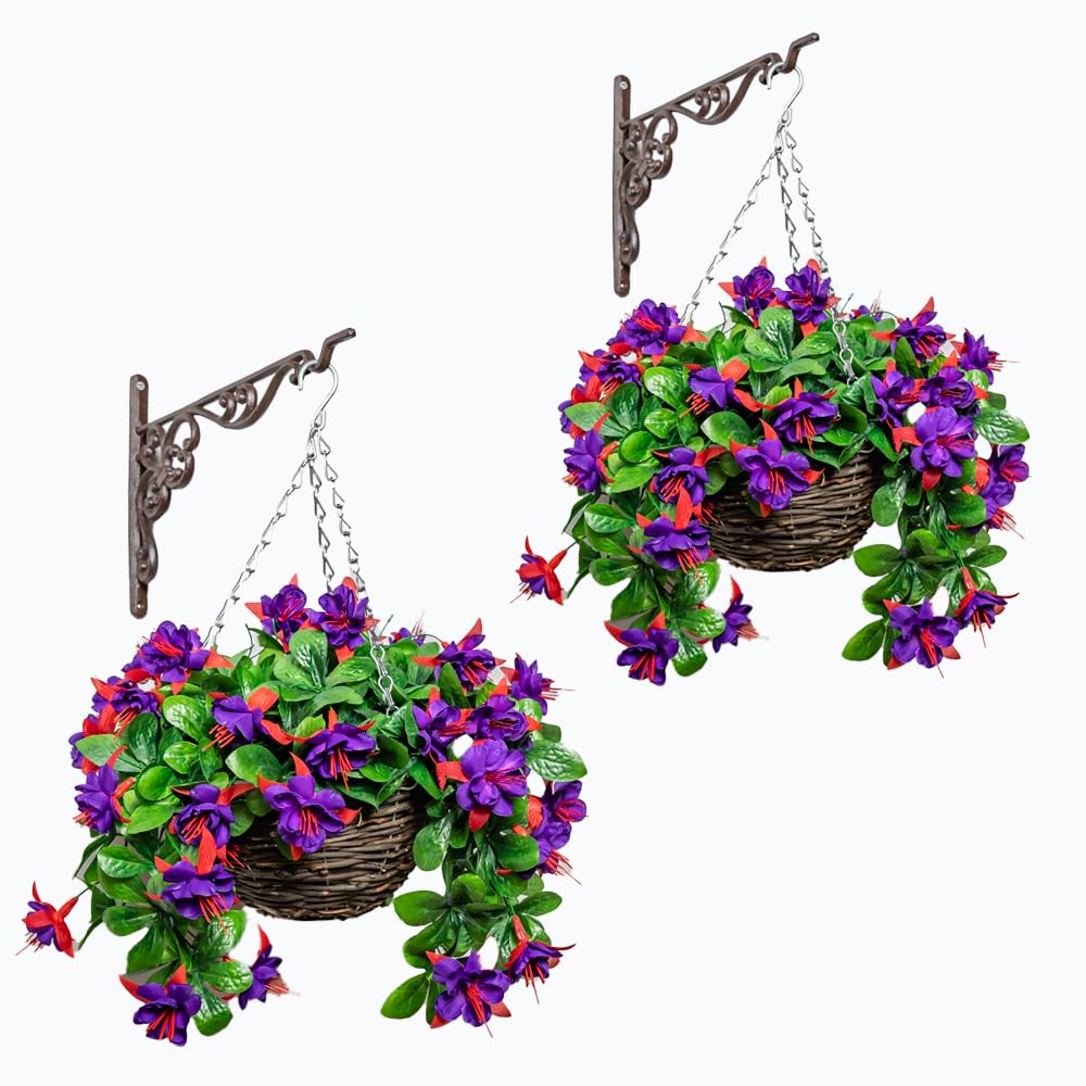 Primrose Premium Large Artificial Outdoor Hanging Baskets with Flowers (Fuchsia, Set of 2)