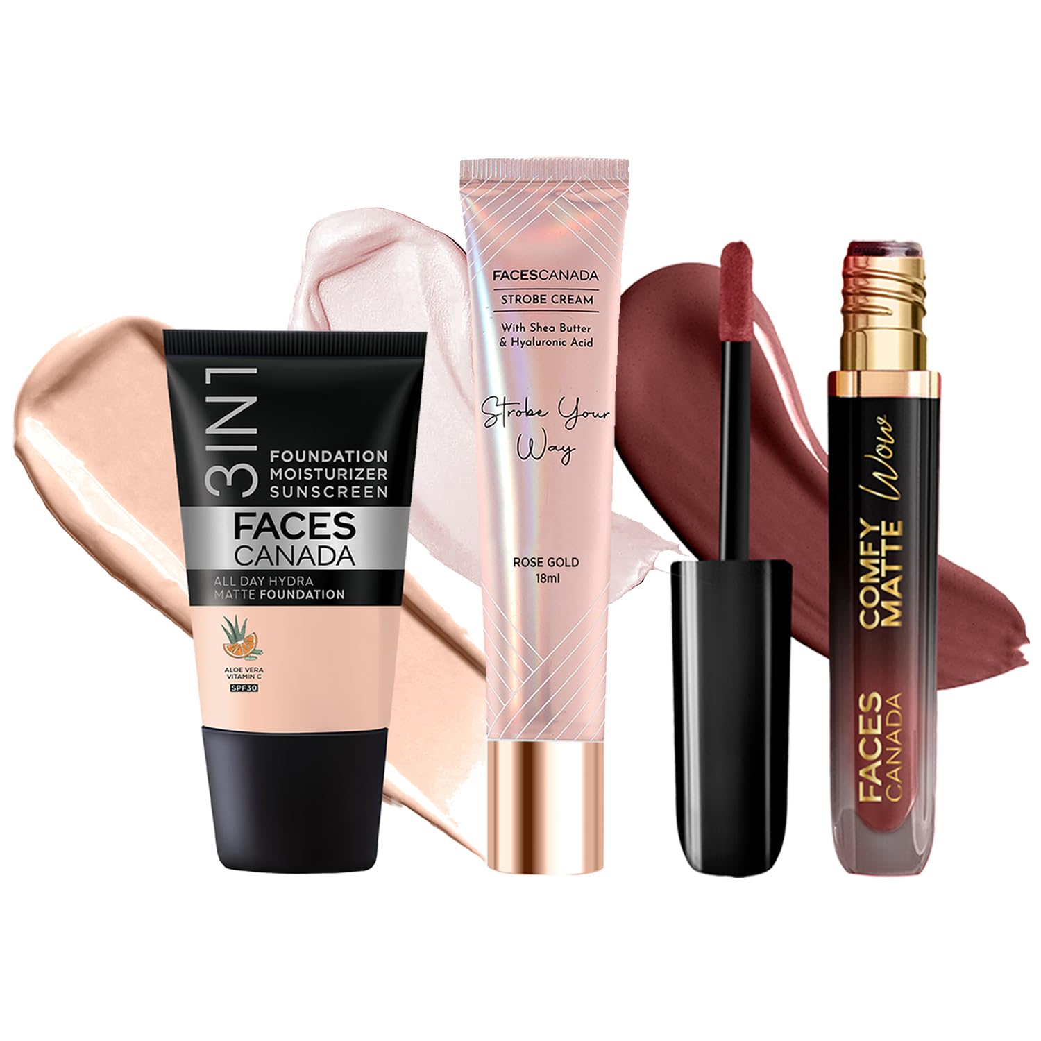 FACES CANADA Celeb Glow Combo | Strobe Cream - Rose Gold, 18ml + Hydra Matte Foundation - Rose Ivory, 18ml + Comfy Matte Wow - Cocoa Crush, 3.8ml | Highlighter | Highly Pigmented | Pack of 3-image-27
