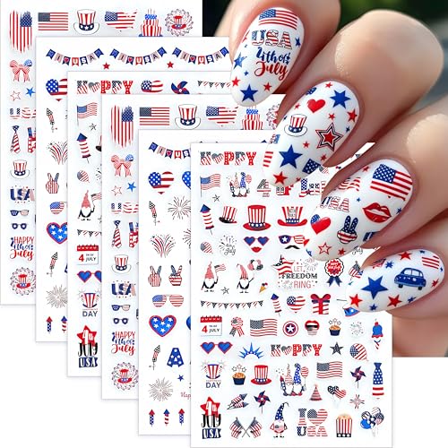 6 Sheets Happy 4th of July Nail Stickers Independence Day American Flag Nail Decals Heart Cake Star Letters Fireworks Bow Nails Design Fourth of July Patriotic Nail Supplies for Women Nail Decoration