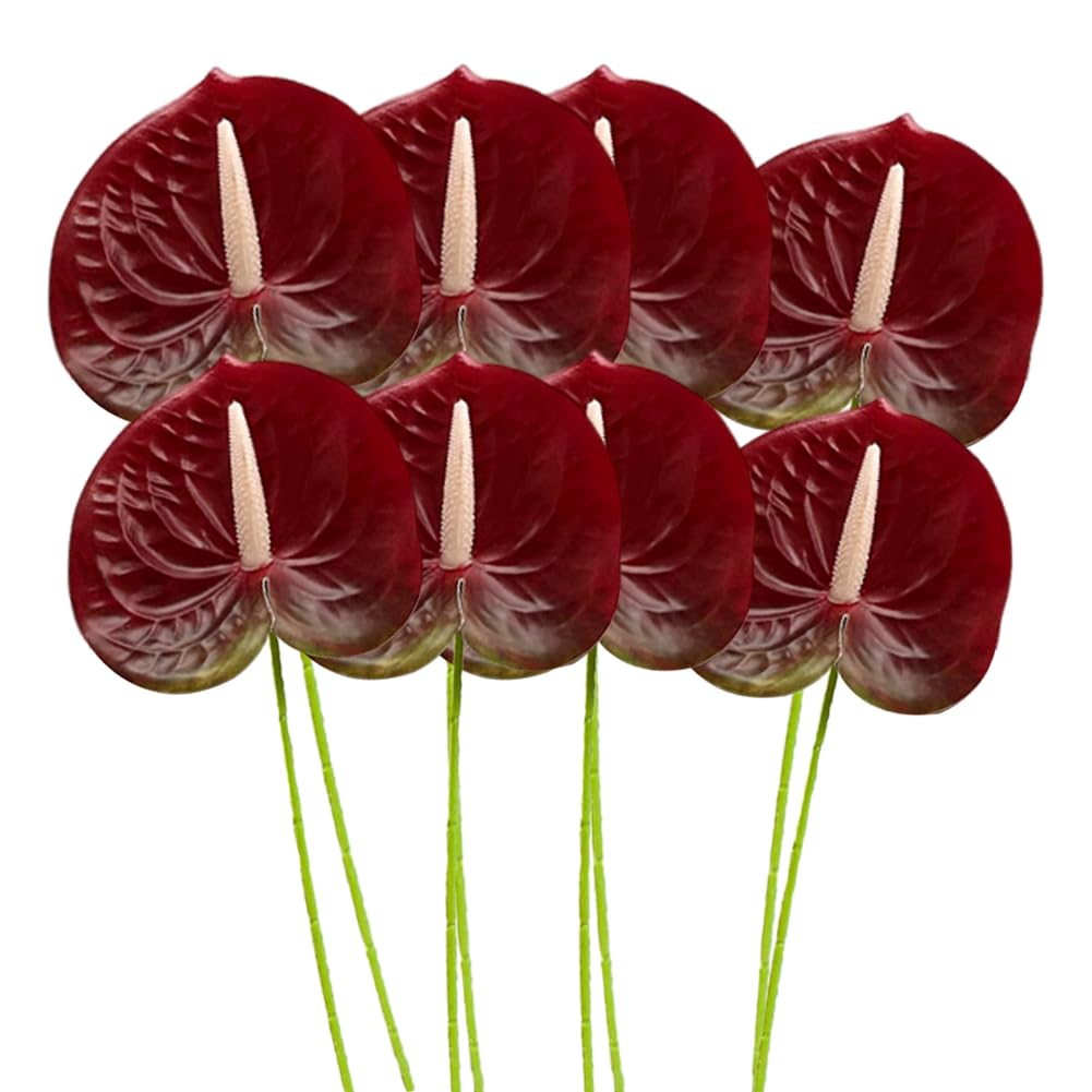 8 Pcs 24inch Artificial Anthurium Lily Flowers Permanent Fake Flower for Home Table Centerpieces Arrangement Bouquet and Green Leaf for Bridal Wedding Festival Party (Wine Red)