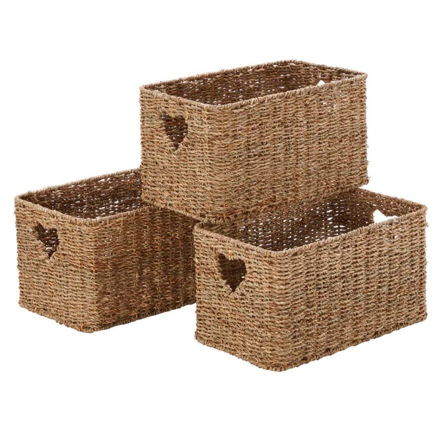 Set of 3 Large Rattan Baskets | Burford Seagrass Handwoven Storage Box | W27 x D46 x H25cm