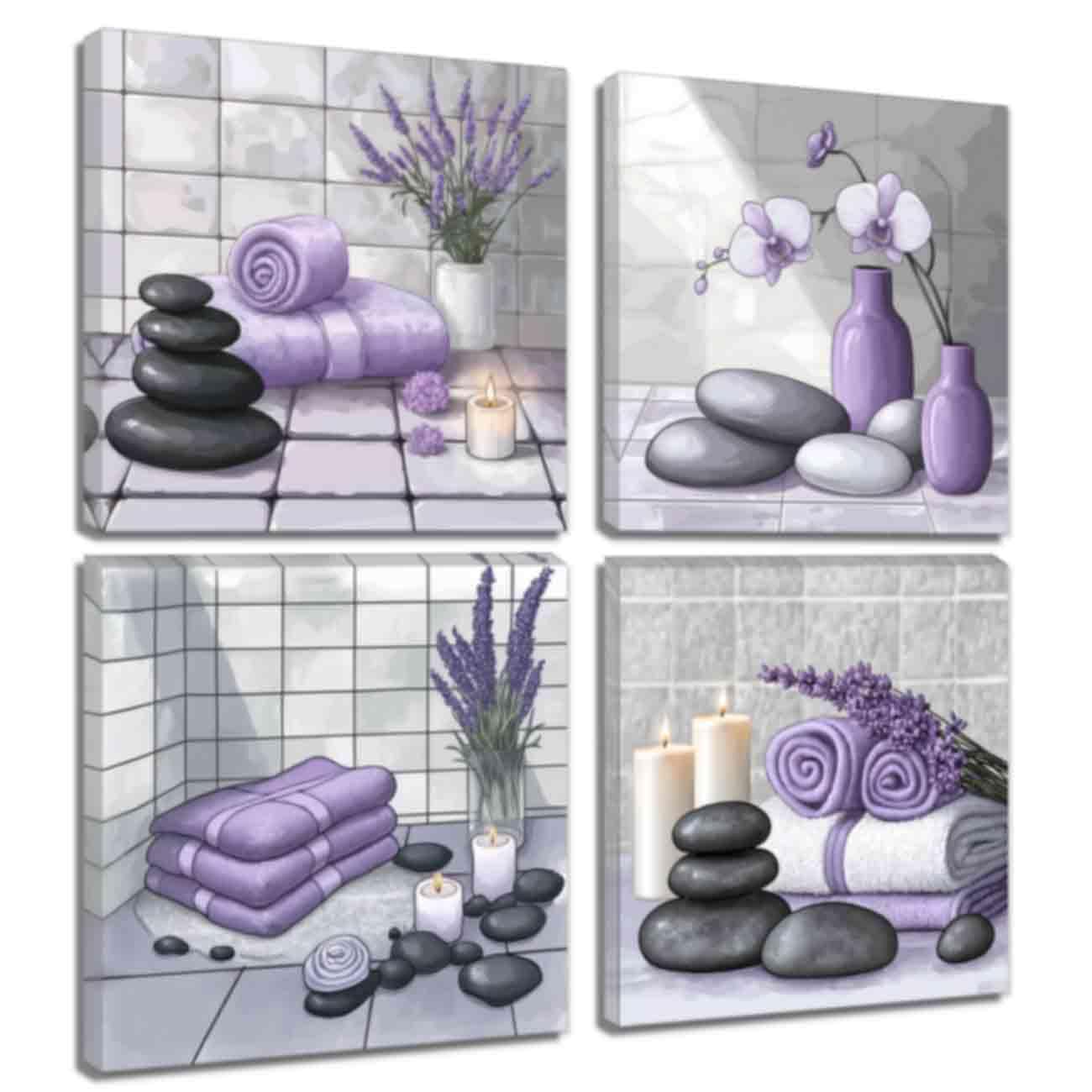 LMYSXAOZ Zen Wall Art for Bathroom Decor Stone & Orchid Still Life Pictures Bath Canvas Prints Meditation Room Spa (Purple,18.00" x 18.00" 4)